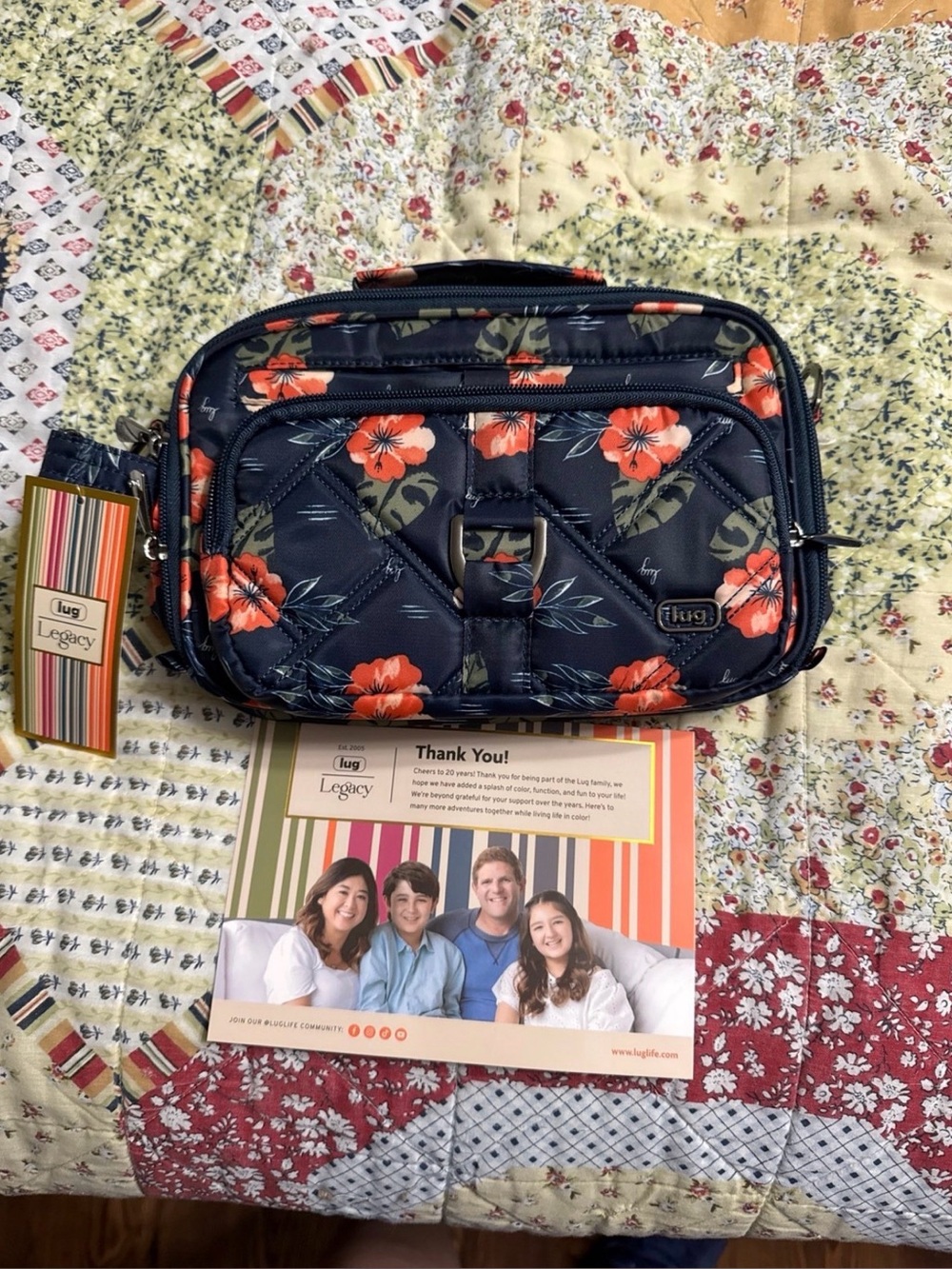 lug aloha Navy Floral Quilted Crossbody Bag with Orange Blooms